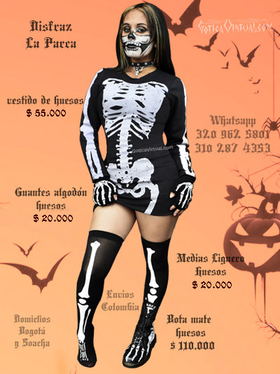 disfraz parca vestido huesos medias guantes botas ligueros negro estampado bogota chica halloween medellin cali manizales pereira pasto cucuta